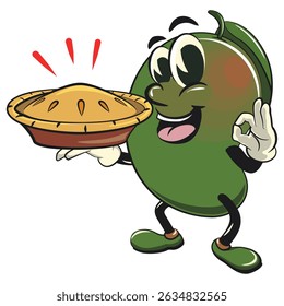 manggo retro vektor illustration mascot charactercarrying a warm pie with a thumbs up, work of hand drawn