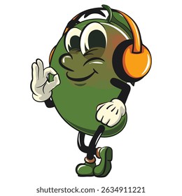 manggo retro vektor illustration mascot character listening to headset while dancing, work of hand drawn