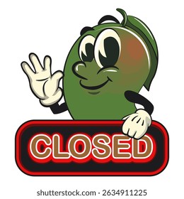 manggo retro vektor illustration mascot character showing a sign that says closed while waving his hand, work of hand drawn