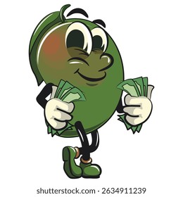 manggo retro vektor illustration mascot character carrying money while whistling, work of hand drawn