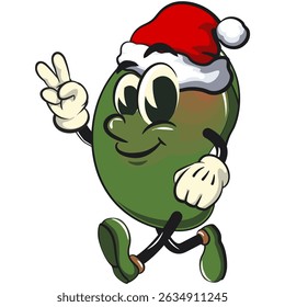 manggo retro vektor illustration mascot character wearing a Santa Claus hat while giving a two-finger peace sign, work of hand drawn
