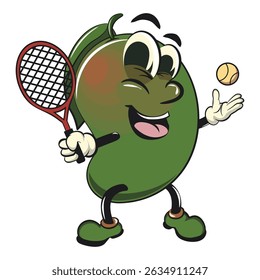 manggo retro vektor illustration mascot character playing tennis, work of hand drawn