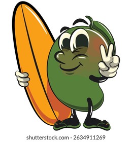 manggo retro vektor illustration mascot character with surfboard and gave a peace sign, work of hand drawn