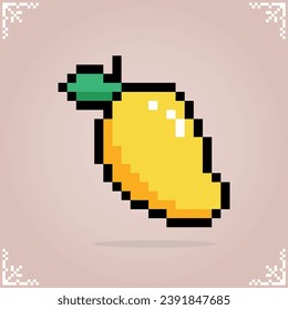 Mango in 8 bit pixel art. Fruit pixels for game assets in vector illustrations.