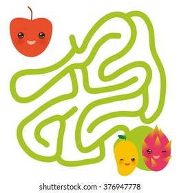 mango apple dragon fruit kawaii funny fruits, pastel colors on white background. labyrinth game for Preschool Children. Vector