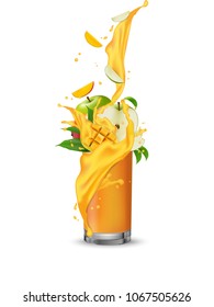Mango apple fruit cocktail. Splash swirl in the realistic glass. Mango and apple slices falling into the glass with juice. 3d Realistic Vector.