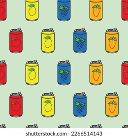 MANGO APPLE GRAPES LEMON JUICE CANS SEAMLESS PATTERN ALL OVER PRINT VECTOR