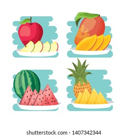 trozos de piña de manzana mango tropicales en ilustración vectorial