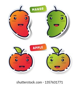 Mango and apple stickers that look cute and attractive with a smiley face on a white background.
