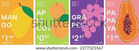 Mango, apricot, grapes, papaya. Fruits poster set in flat colourful design. Price tag, label or poster. Flat vector illustration.