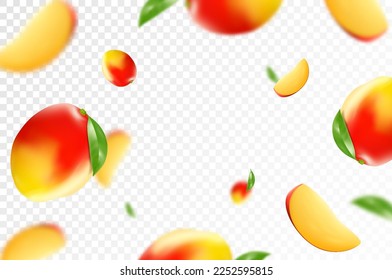 Mango background. Flying mango with green leaves and slices of mango fruits. Blurry effect. Can be used for wallpaper, banner, poster, print, fabric, wrapping paper. Realistic 3d vector illustration