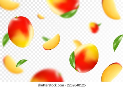 Mango background. Flying mango with green leaves and slices of mango fruits. Blurry effect. Can be used for wallpaper, banner, poster, print, fabric, wrapping paper. Realistic 3d vector illustration