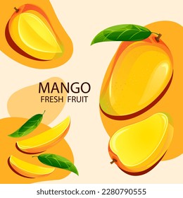 Fondo de Mango. Frutas maduras y jugosas de mango. Frutas frescas y saludables.Ilustración vectorial.