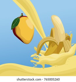 Mango and banana fruit splash on blue background
