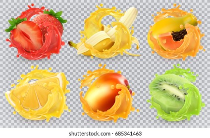 Mango, banana, kiwi fruit, strawberry, lemon, papaya juice. Fresh fruits and splashes, 3d realistic vector icon set