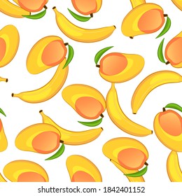 El mango y la banana son un patrón sin fisuras. Fruta de fondo blanco. Ilustración vectorial.