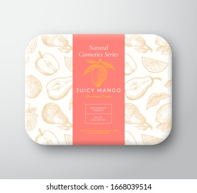 Mango Bath Cosmetics Package Box. Abstract Vector Wrapped Paper Container with Label Cover. Packaging Design. Modern Typography and Hand Drawn Fruits, Citrus Background Pattern Layout. Isolated.