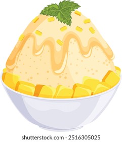 Bingsu de mango con crema pesada, cubos de mango y aderezos de hojas de menta. Arte vectorial de postre de hielo afeitado coreano 