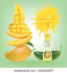 Diseño de botellas de mango con salpicaduras de jugo de mango.ilustración vectorial