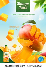 Mango bottled juice ads with liquid hand grabbing fruit on blue sky in 3d illustration