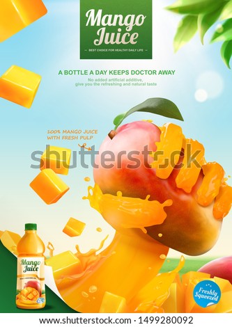 Mango bottled juice ads with liquid hand grabbing fruit on blue sky in 3d illustration