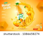 Mango bottled juice with fresh fruits and splashing liquid in 3d illustration