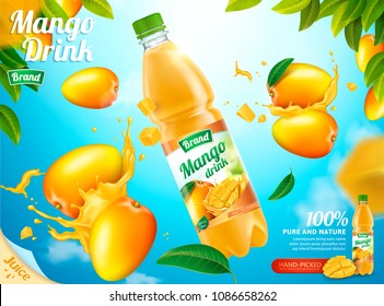 Mango bottled juice with fresh fruits and splashing liquid in 3d illustration, bokeh blue sky background