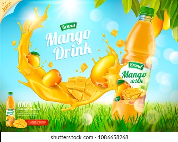 Mango bottled juice with fresh fruits and splashing liquid in 3d illustration, bokeh grassland background