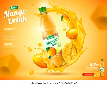 Mango bottled juice with fresh fruits and splashing liquid in 3d illustration - Shutterstock ID 1086658274