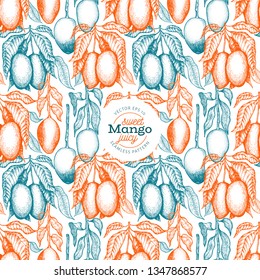 Mango branches seamless pattern. Hand drawn vector tropic fruit illustration. Engraved style fruit banner. Retro exotic food background.