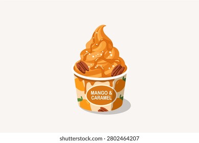 Mango and caramel soft serve ice cream with pecan nuts vector. Delicious frozen yogurt dessert with caramel drizzle sauce in paper cup.