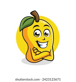 Caricatura de Mango Cartoon Cross arm Happy Mascot Illustration, Vector Clipart