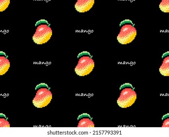 Mango cartoon character seamless pattern on black background. Pixel style
