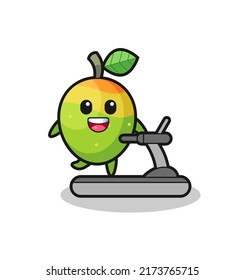 personaje de caricatura de mango caminando sobre la cinta de correr, diseño de estilo lindo para camiseta, pegatina, elemento logo