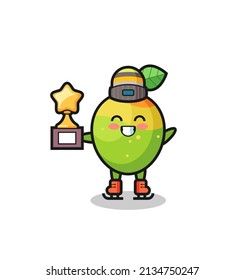 mango cartoon as an ice skating player hold winner trophy , cute style design for t shirt, sticker, logo element