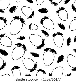 Ilustración de dibujos animados de mango y hojas de patrón impecable, contornos en blanco y negro.