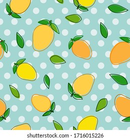 Mango cartoon illustration with sky blue polka dots background seamless pattern