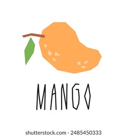 Mango cartoon illustration and text isolated on white. Tropical fruits. Mango slice geometric logo, print, design.