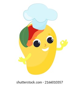 Mango in cartoon style. The cheerful fruit is smiling and wearing a chef's hat. He has eyes, a face, hands. Flat style illustration isolated on white background for kitchen and kids design.