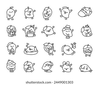 Mango character. Coloring Page. Funny fruit hero. Hand drawn style. Vector drawing. Collection of design elements.