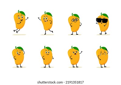 mango character with funny face. Happy cute cartoon emoji set. Cute and funny comic style. Flat cartoon. mango vector illustration isolated on white background. 