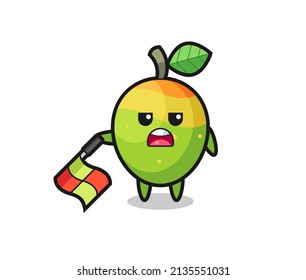 mango character as line judge hold the flag down at a 45 degree angle , cute style design for t shirt, sticker, logo element