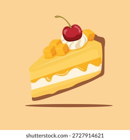Rebanada de tarta de queso de mango con cubitos de mango fresco y una cereza