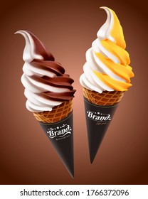 Mango and chocolate double flavor soft serve ice cream cone in 3d illustration