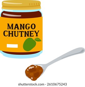 Mango chutney in a jar and a spoonful of chutney