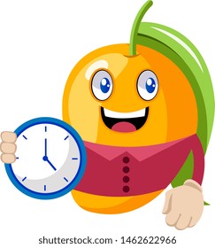 Mango with clock, illustration, vector on white background.