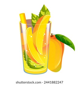 Mango cocktail. Fruity summer juice. Smoothie with fresh fruit. Mango lemonade.Vector illustration.