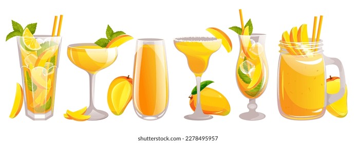 Mango cocktail set. Mango juice, smoothies,  daiquiri, margaritas,  mojito, lemonade. Summer refreshing drinks with mango pieces.