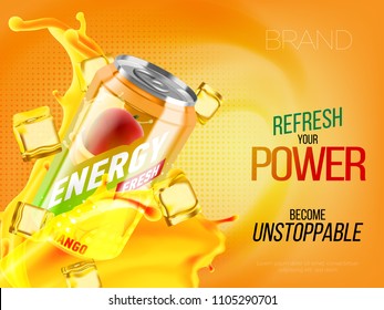 Mango Cold Energy Drink In Metal Can With Ice And Juice Splash Advertising Banner, Soda Water Branding Ready Mockup High Quality 3d Vector Realistic Illustration