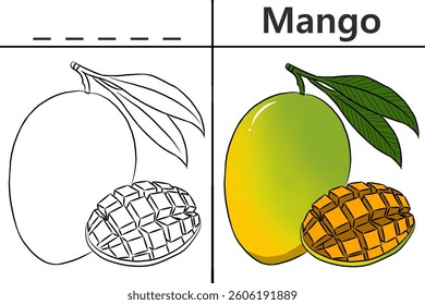 Mango coloring pages for kids and learning to recognize letters, fruit recognition cards, media for various games in early childhood learning